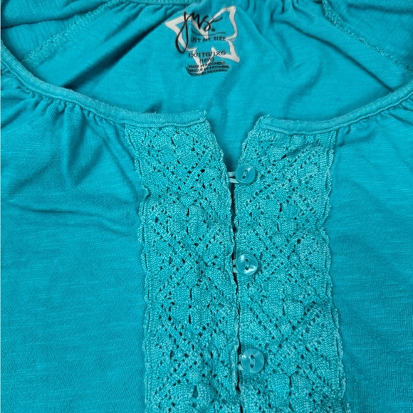 Just My Size Teal Short Sleeve Top Womens 1X 16W Lace Henley Plus Size Tee - Picture 4 of 8